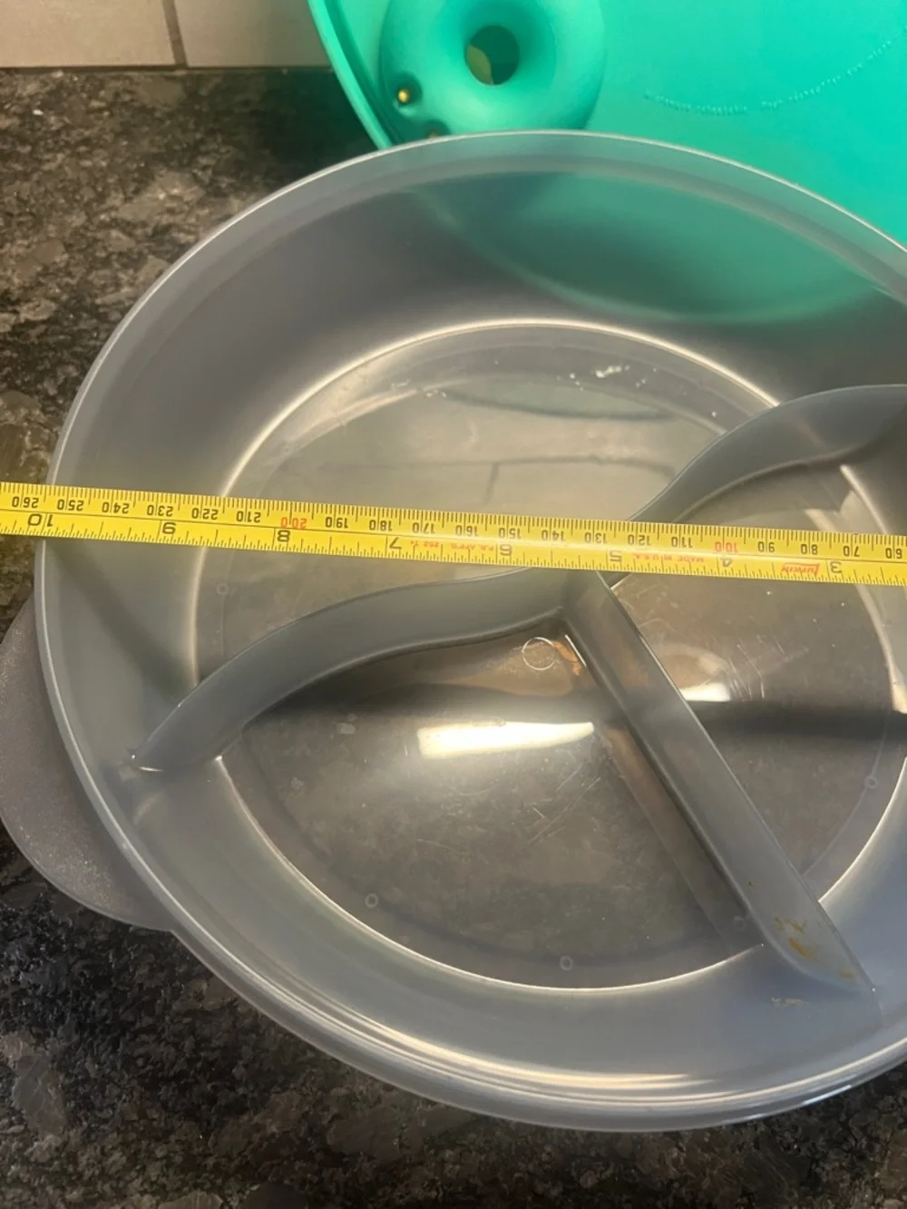 Teal Microwave Plate Cover with Yellow Vent divided bowl